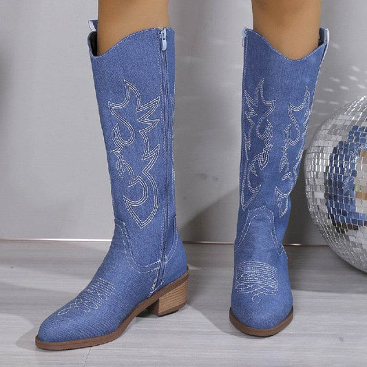 Buycenter Women's Chunky Heel Boots - Embroidered Round Head Design - Buy Center