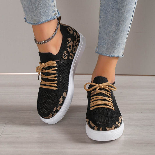 Buycenter Women's Casual Sports Flats - Leopard Print Flyknit Shoes - Buy Center