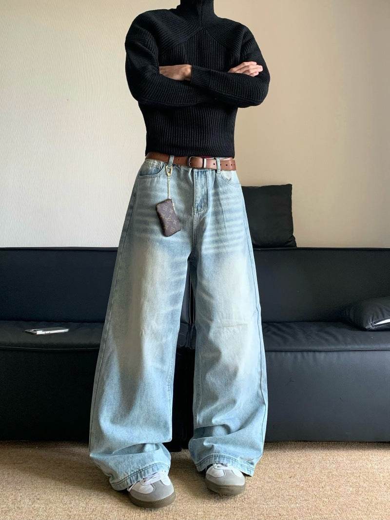 Retro Washed Loose Men's Jeans - Stylish Straight Wide-Leg Denim Pants - Buy Center