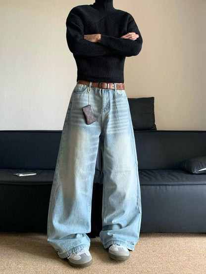 Retro Washed Loose Men's Jeans - Stylish Straight Wide-Leg Denim Pants - Buy Center
