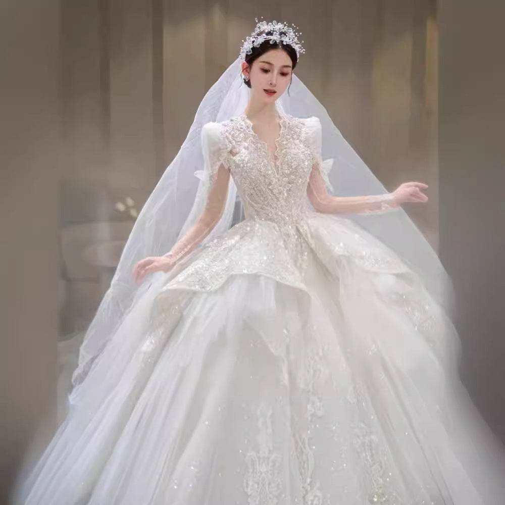 Bride Main Yarn Long Sleeve Wedding Dress - French Retro Trailing Elegance - Buy Center