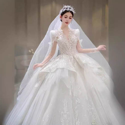 Bride Main Yarn Long Sleeve Wedding Dress - French Retro Trailing Elegance - Buy Center